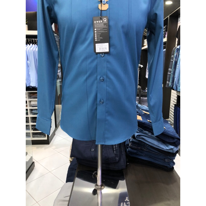 Áo sơ mi owen dài tay màu xanh xám kẻ sọc slim fit vải sợi tre AS230256D