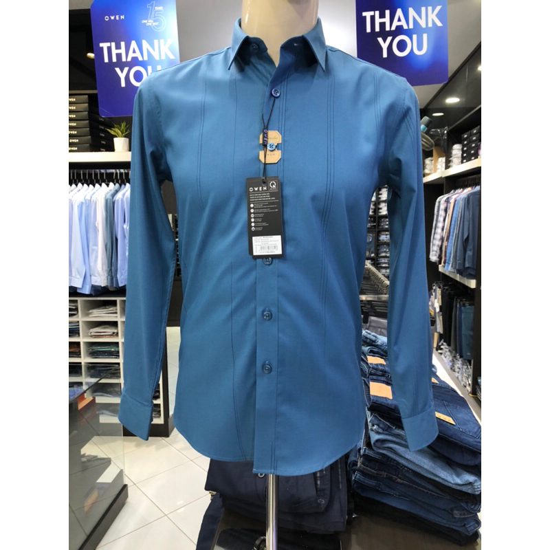 Áo sơ mi owen dài tay màu xanh xám kẻ sọc slim fit vải sợi tre AS230256D