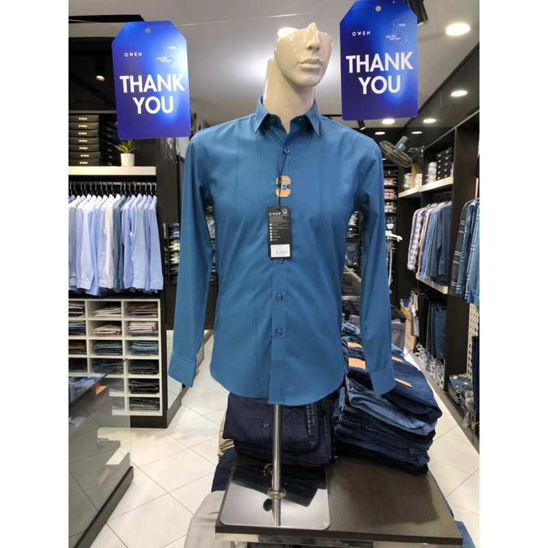 Áo sơ mi owen dài tay màu xanh xám kẻ sọc slim fit vải sợi tre AS230256D