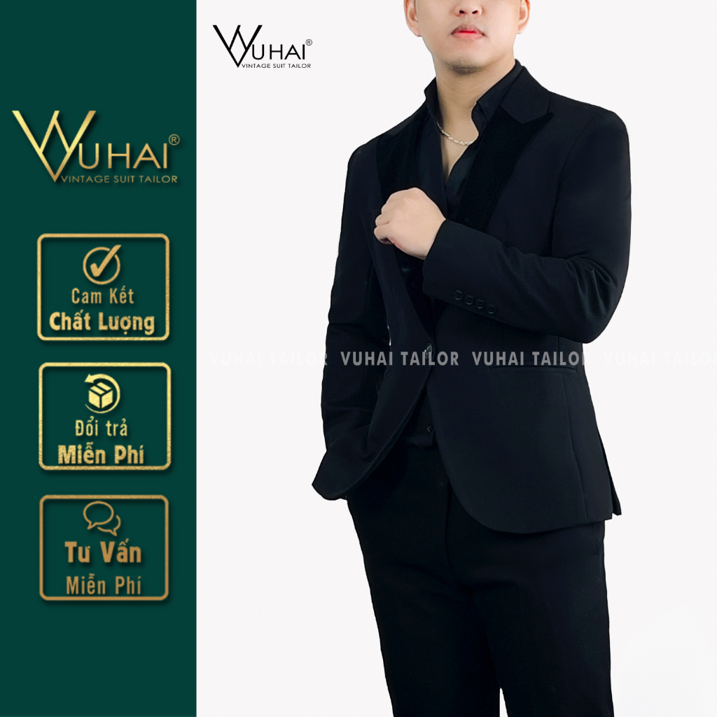Bộ Vest Tuxedo Màu Đen Phối Cổ Nhung Ve Nhọn Bản To, Dáng Áo Vest 1 Cúc Lịch Lãm Sang Trọng-Vũ Hải