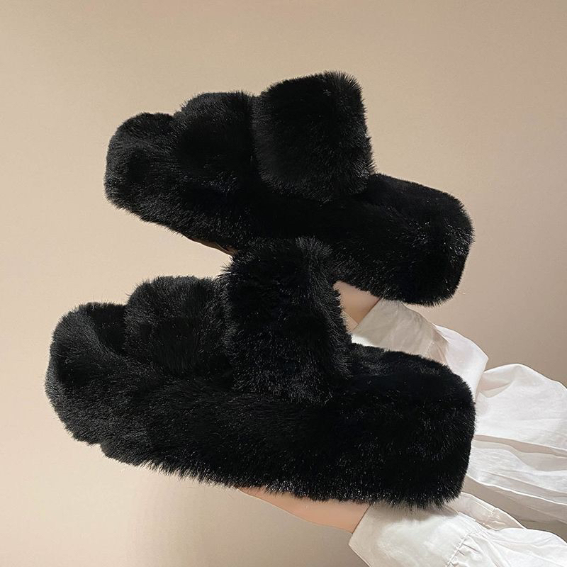 Dép bông quai ngang phủ lông dày đế cao 4cm