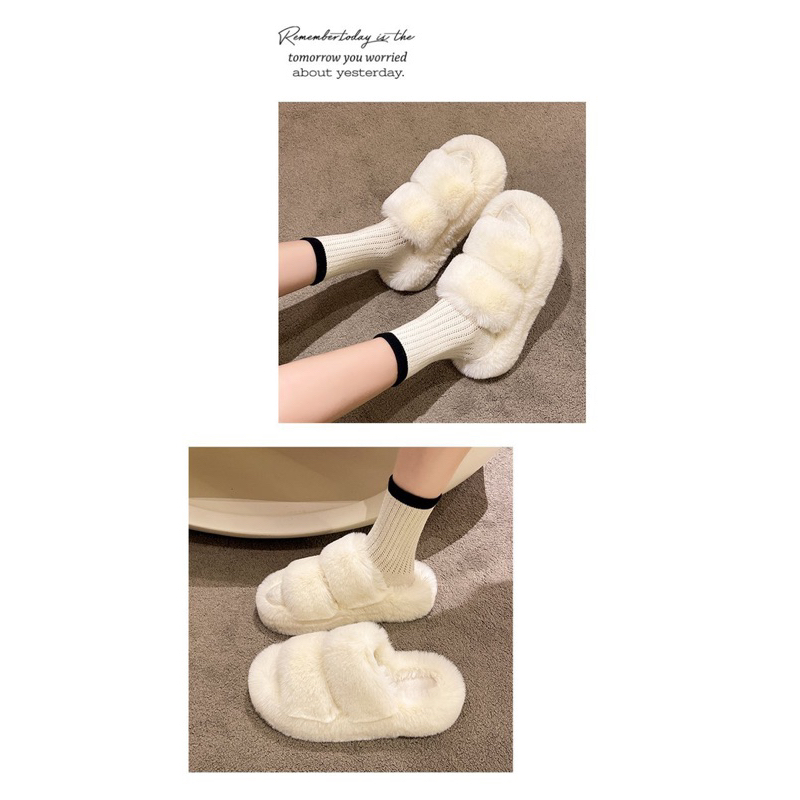 Dép bông quai ngang phủ lông dày đế cao 4cm