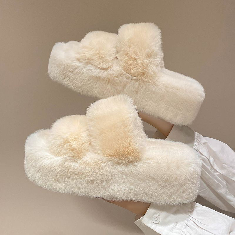 Dép bông quai ngang phủ lông dày đế cao 4cm
