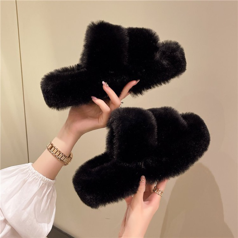 Dép bông quai ngang phủ lông dày đế cao 4cm
