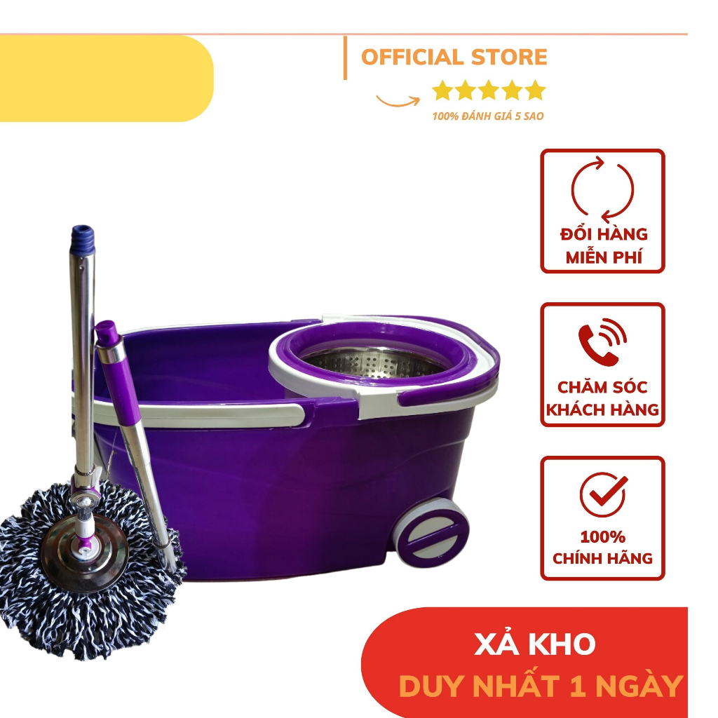 Bộ lau nhà 360 độ tự vắt thông minh thùng 2 bánh xe dễ dàng kéo - đẩy, cây lau nhà kèm thùng tự vắt và 2 bông lau