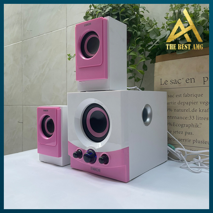 Loa Máy Tính Để Bàn Có Dây Chính Hãng 2.1 ENKOR E600 Màu Trắng Hồng - Loa Vi Tính Pc Có Dây Bass Cực Mạnh