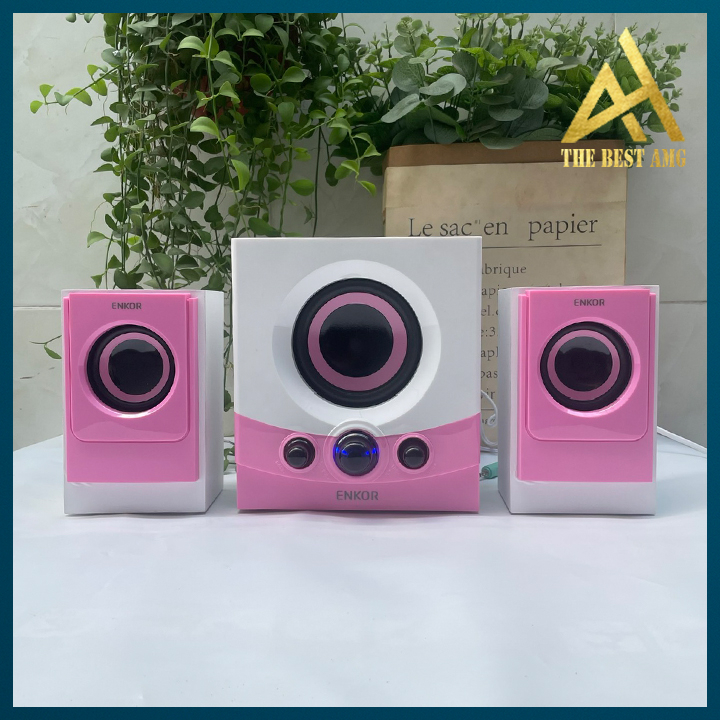 Loa Máy Tính Để Bàn Có Dây Chính Hãng 2.1 ENKOR E600 Màu Trắng Hồng - Loa Vi Tính Pc Có Dây Bass Cực Mạnh
