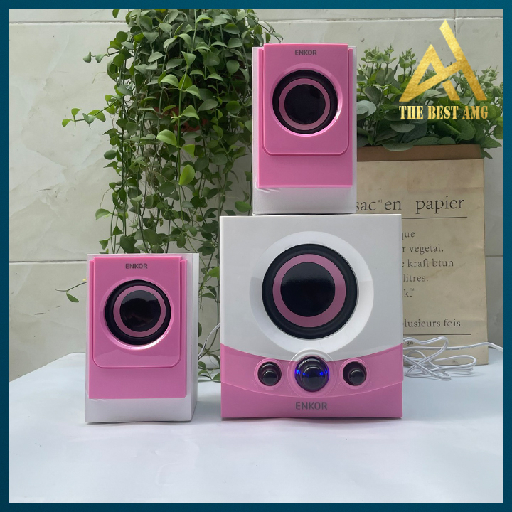 Loa Máy Tính Để Bàn Có Dây Chính Hãng 2.1 ENKOR E600 Màu Trắng Hồng - Loa Vi Tính Pc Có Dây Bass Cực Mạnh