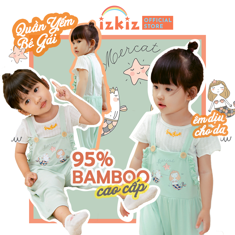 Quần yếm bé gái IZKIZ từ 1 tuổi - 4 tuổi, vải thun sợi tre cao cấp, mát mẻ, màu xanh pastel