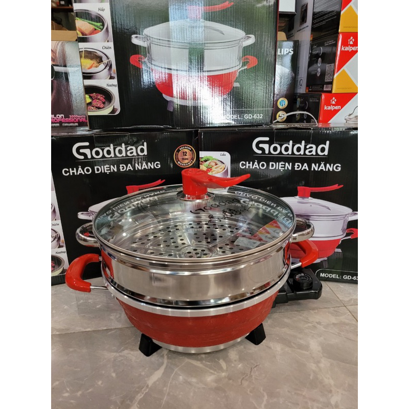 Nồi lẩu điện đa năng Goddad kèm vỉ hấp tiện lợi, sang trọng - Bảo hánh 12 tháng - có quà tặng đi kèm