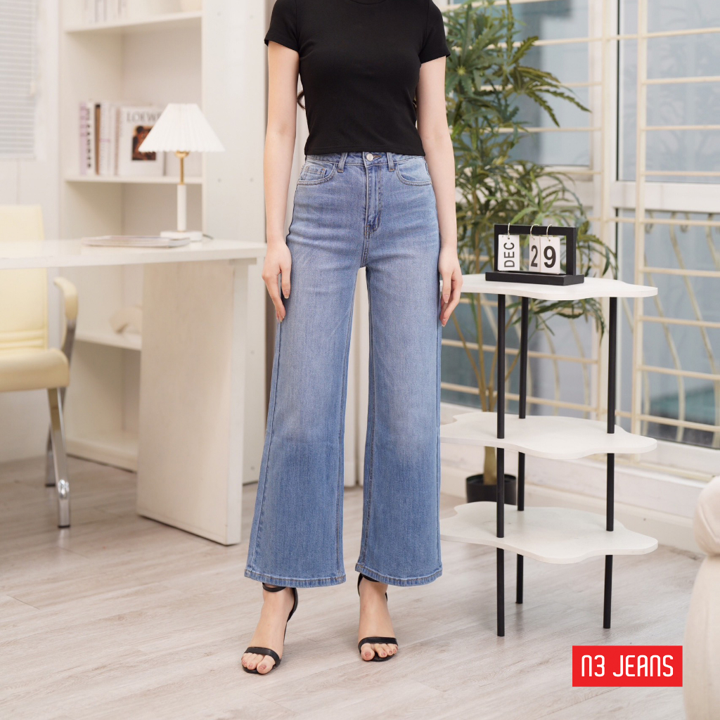 Quần jeans suông ống rộng nữ màu xanh Có co giãn