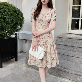 Đầm thời trang nữ dự tiệc chất voan hoa cổ vuông tay ngắn dáng váy dài xoè kèm lót maxi tôn dáng trẻ trung sang trọng