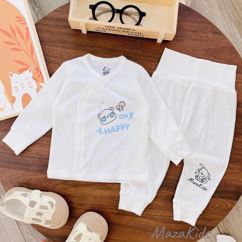 Bộ sơ sinh dài tay tăm lạnh MAZAKIDS cài lệch cúc bấm quần đáp đũng mềm co giãn tốt cho bé từ 3-9KG