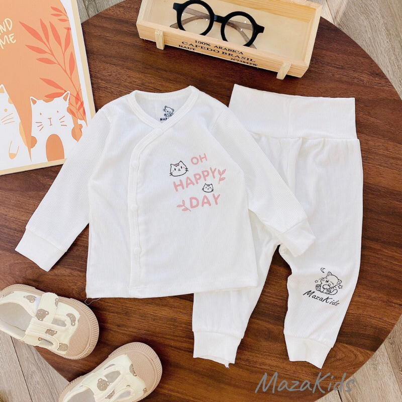 Bộ sơ sinh dài tay tăm lạnh MAZAKIDS cài lệch cúc bấm quần đáp đũng mềm co giãn tốt cho bé từ 3-9KG