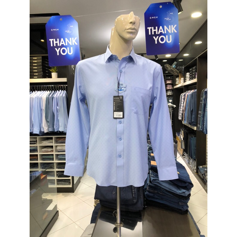 Áo sơ mi owen dài tay màu xanh nhạt dobby họa tiết chìm regular fit vải nano AR230246DT