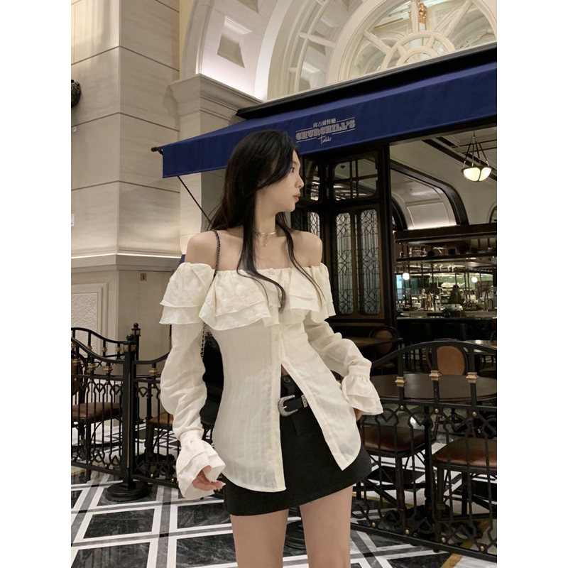Áo Trễ Vai Phối Bèo Dáng Dài Cài Nút , Áo Sơmi Kiểu Nữ Dài Tay Trễ Vai Siêu nữ tính, Áo Trễ Vai Bèo cột eo Hàn Quốc