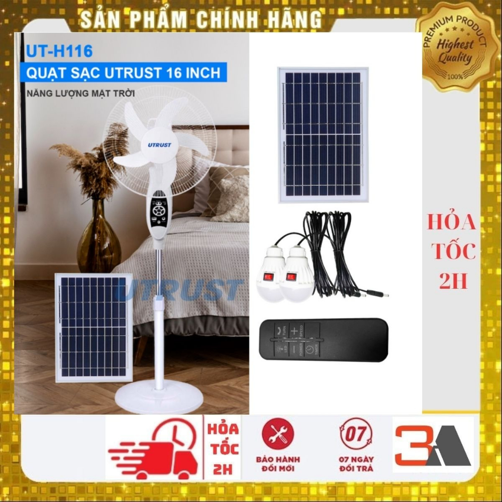 Quạt năng lượng mặt trời đa năng 16 inch 4 in 1 - UTRUST H116, tích điện, thắp sáng, sạc pin điện thoại