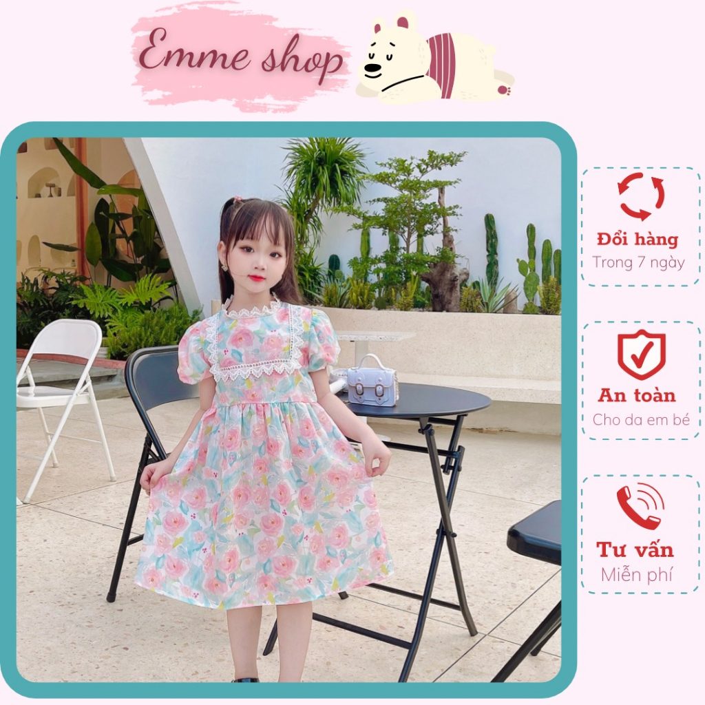Đầm công chúa tay phồng in hoa phong cách hàn quốc thời giang, váy cho bé gái thiết kế sang xịn