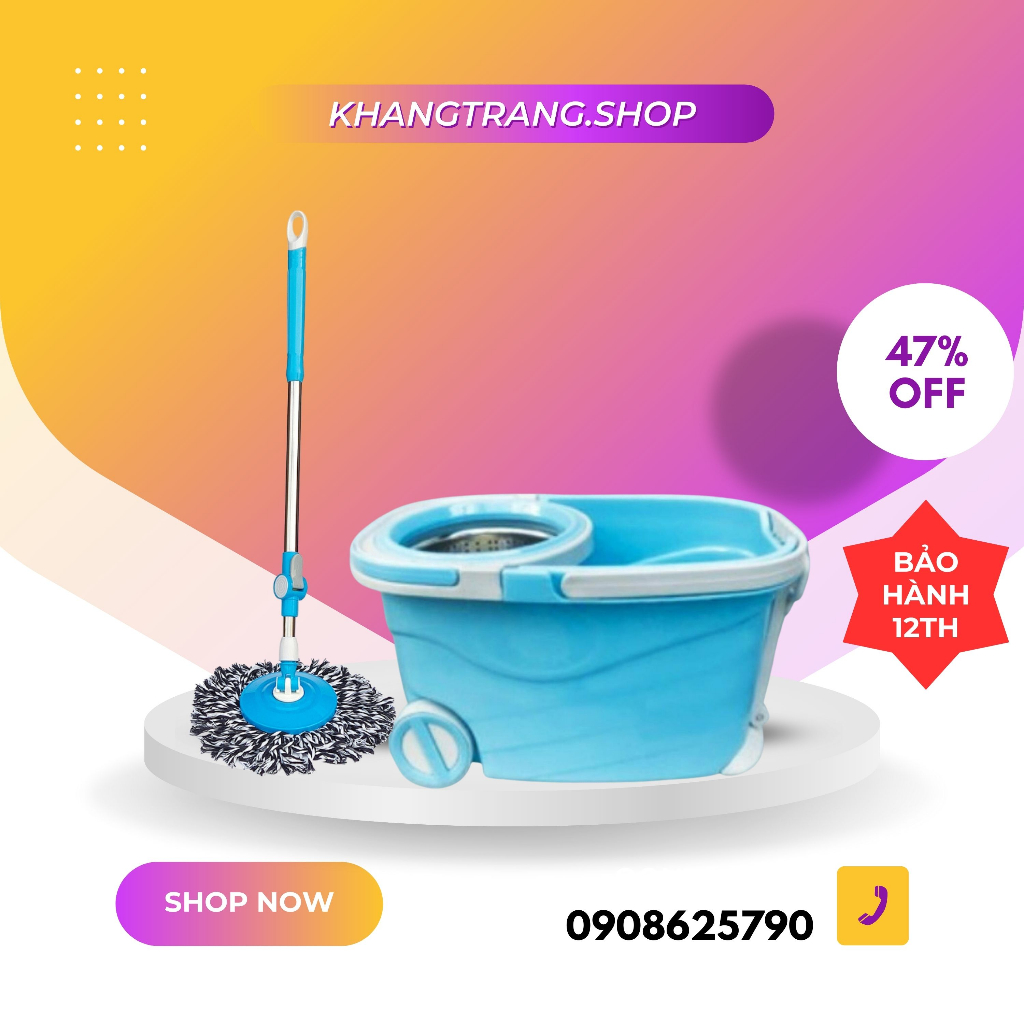 Bộ lau nhà 360 độ tự vắt thông minh thùng 2 bánh xe dễ dàng kéo - đẩy, cây lau nhà kèm thùng tự vắt và 2 bông lau