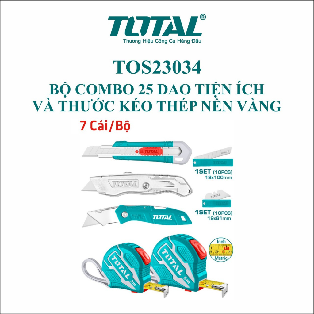 Bộ combo 25 dao tiện ích và thước kéo thép nền vàng 3M và 5M. Total TOS23034