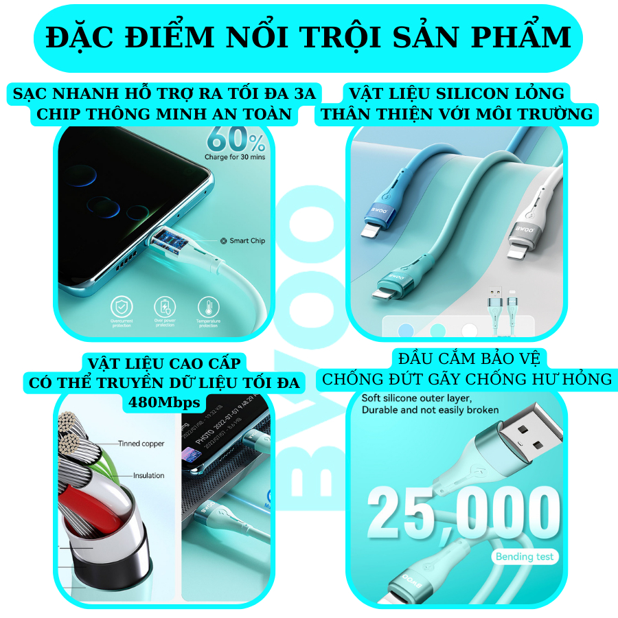 Dây sạc Silicon cao cấp X280L Chính hãng BWOO Cho 6 đến 14 Bảo hành 12 Tháng