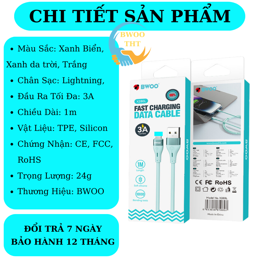 Dây sạc Silicon cao cấp X280L Chính hãng BWOO Cho 6 đến 14 Bảo hành 12 Tháng