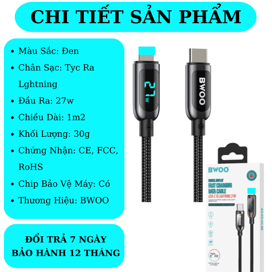 Dây sạc nhanh 27w chính hãng BWOO cáp bọc dù báo đèn  dùng cho 14 13 12pro 11promax xsmax ...
