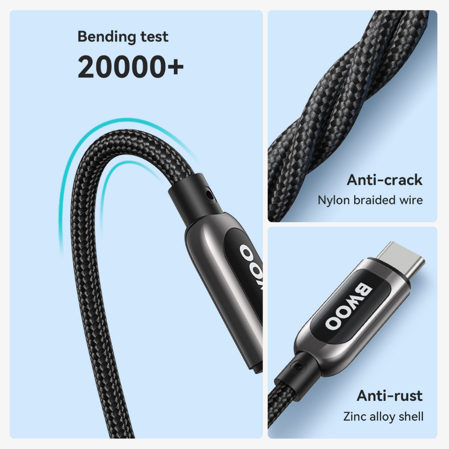 Dây sạc nhanh 27w chính hãng BWOO cáp bọc dù báo đèn  dùng cho 14 13 12pro 11promax xsmax ...