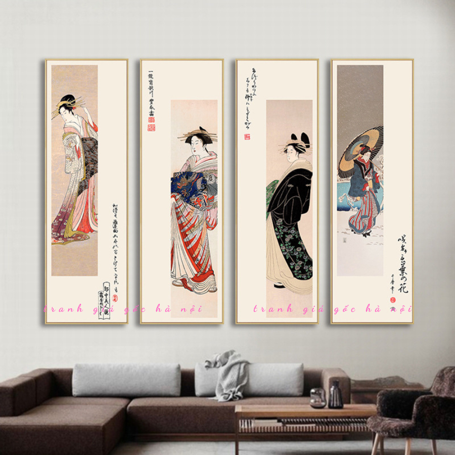 Tranh cổ trang cô gái Nhật Bản kimono trang trí tiệm trà đạo nhà hàng không gian nhật chất vải canvas đã có khung xịn