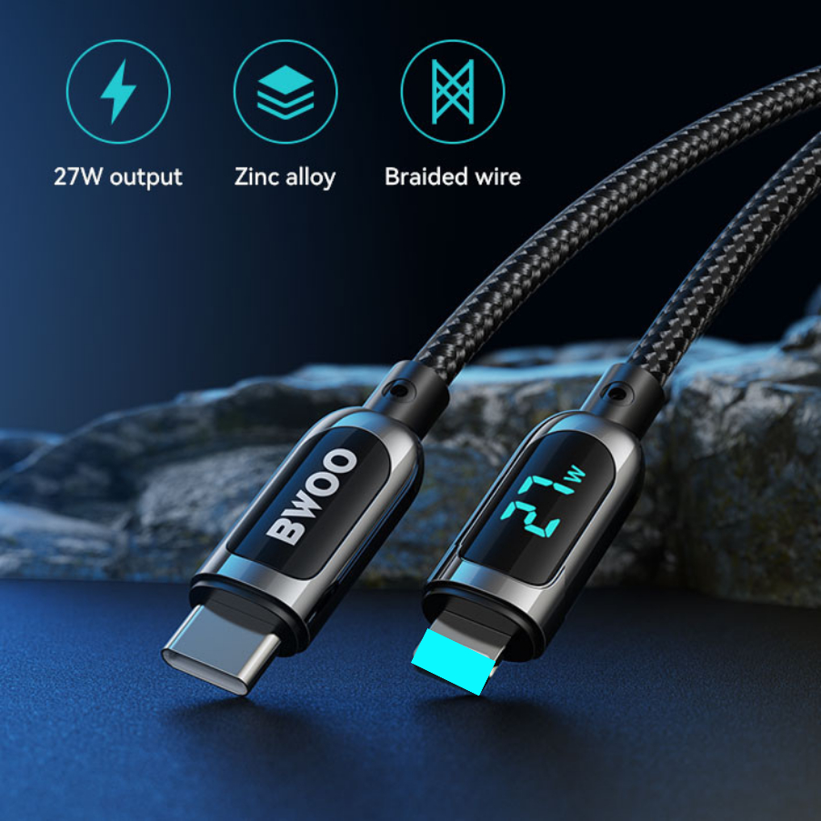 Dây sạc nhanh 27w chính hãng BWOO cáp bọc dù báo đèn  dùng cho 14 13 12pro 11promax xsmax ...