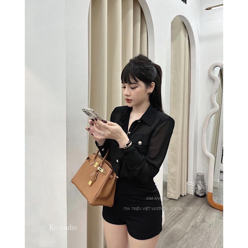 Áo Sơ Mi Phối Nút Siêu Sang, Áo Sơ Mi Đen Chất Voan Cao Cấp
