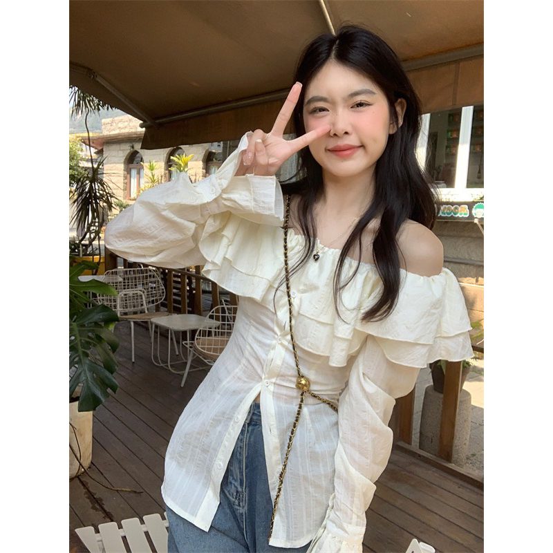 Áo Trễ Vai Phối Bèo Dáng Dài Cài Nút , Áo Sơmi Kiểu Nữ Dài Tay Trễ Vai Siêu nữ tính, Áo Trễ Vai Bèo cột eo Hàn Quốc
