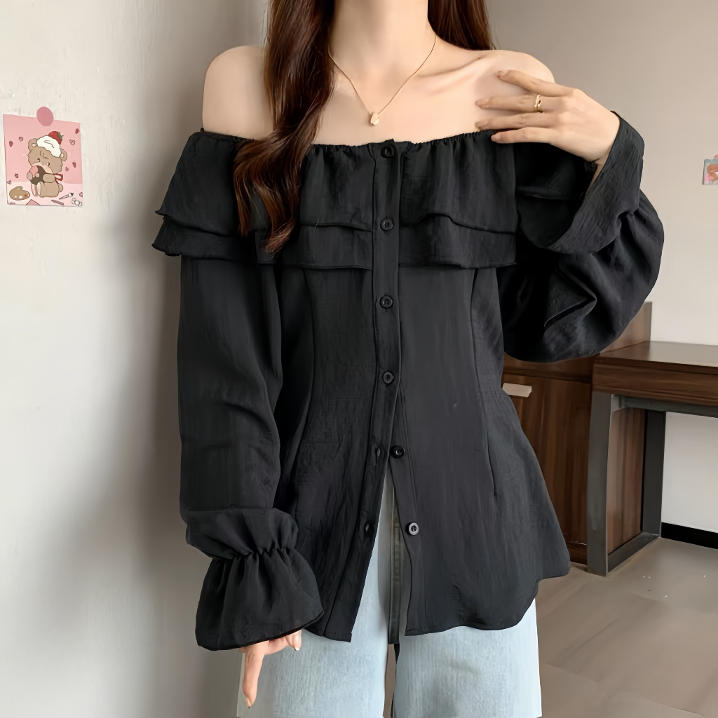 Áo Trễ Vai Phối Bèo Dáng Dài Cài Nút , Áo Sơmi Kiểu Nữ Dài Tay Trễ Vai Siêu nữ tính, Áo Trễ Vai Bèo cột eo Hàn Quốc