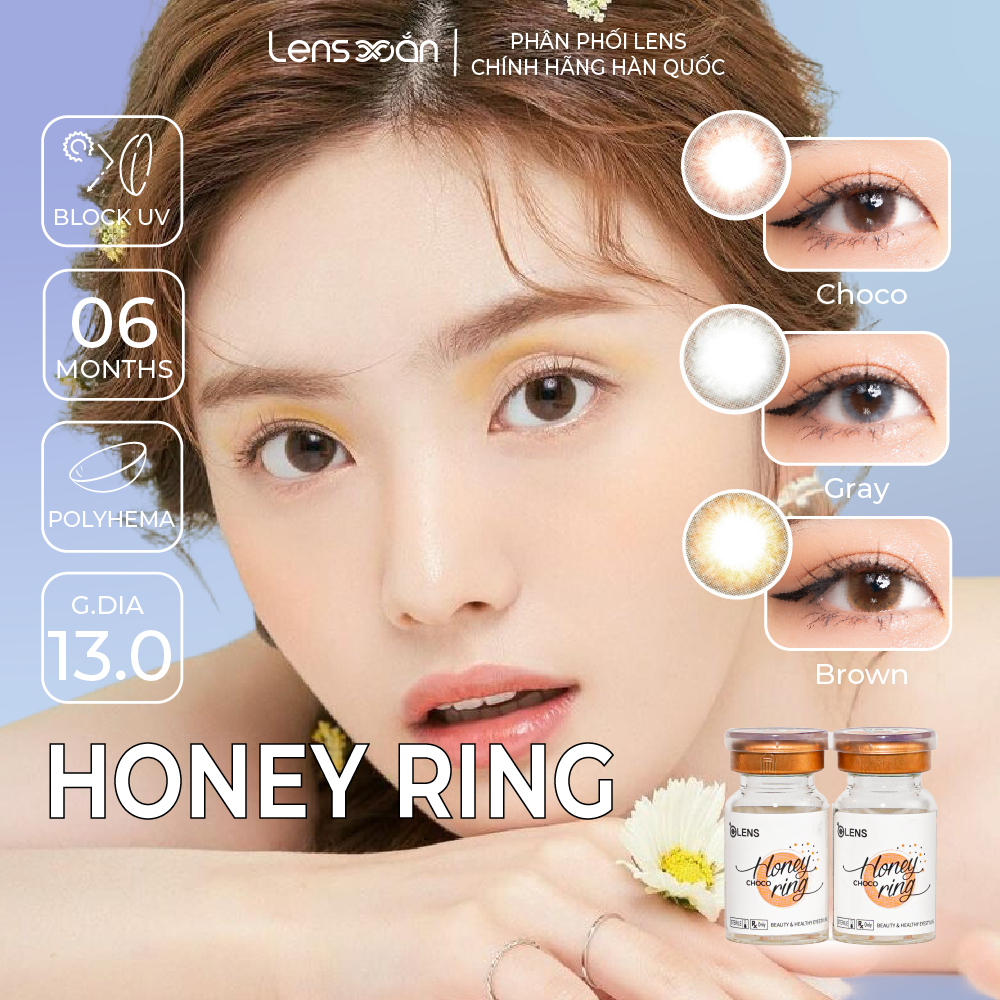 Kính áp tròng cận 6 tháng LENS XOẮN lens nâu lens xám tây tạo hiệu ứng trong OLENS HONEY RING BROWN CHOCO GRAY