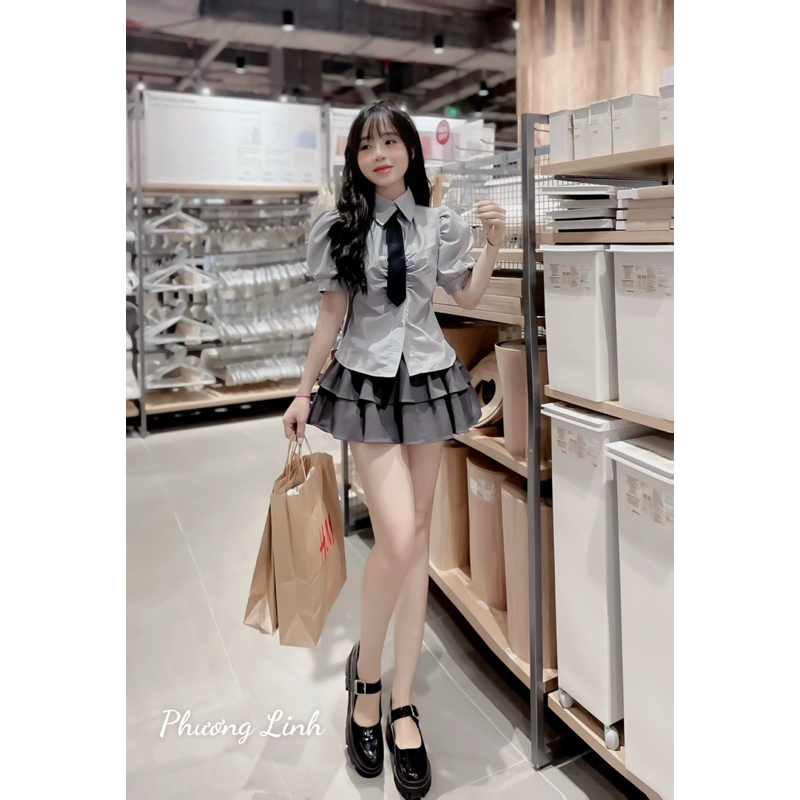 Set Áo Sơ Mi Phối Chân Váy Tầng Kèm Cà Vạt