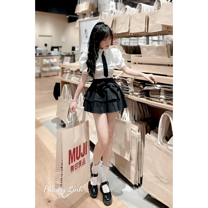 Set Áo Sơ Mi Phối Chân Váy Tầng Kèm Cà Vạt