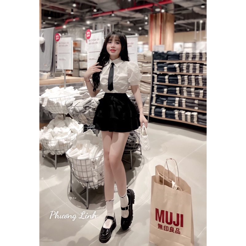 Set Áo Sơ Mi Phối Chân Váy Tầng Kèm Cà Vạt