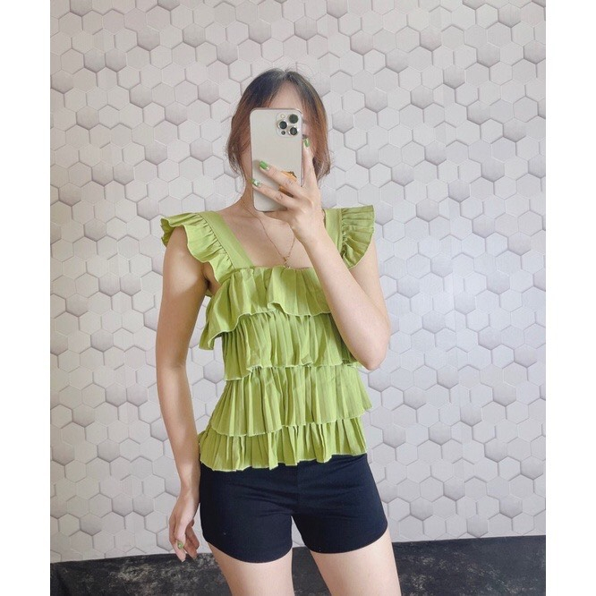 Áo 2 dây dập ly phối tầng, áo kiểu tiểu thư