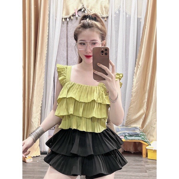 Áo 2 dây dập ly phối tầng, áo kiểu tiểu thư