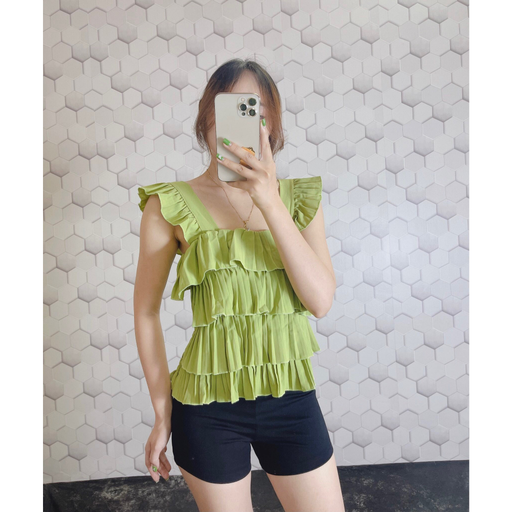 Áo 2 dây dập ly phối tầng, áo kiểu tiểu thư