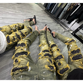 Quần dài nam amiri xanh bẩn vàng đính đá 4 cúc boy phố (370)