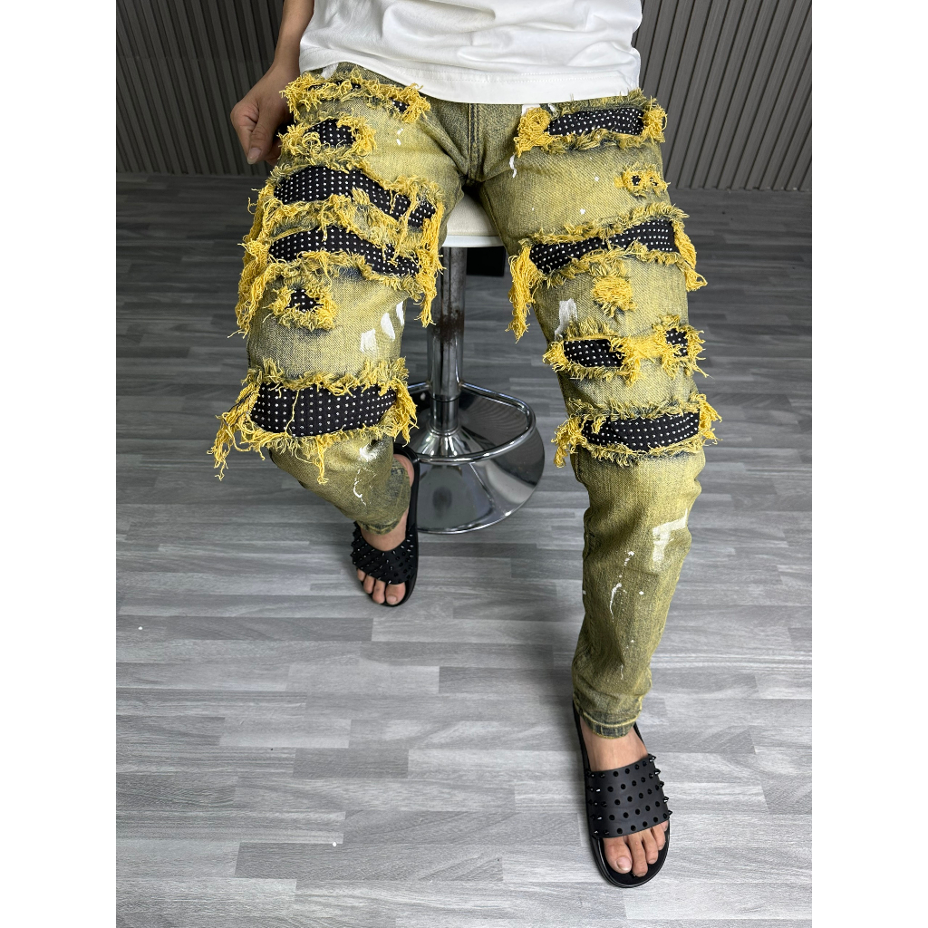 Quần dài nam amiri xanh bẩn vàng đính đá 4 cúc boy phố