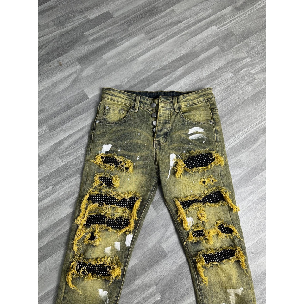 Quần dài nam amiri xanh bẩn vàng đính đá 4 cúc boy phố