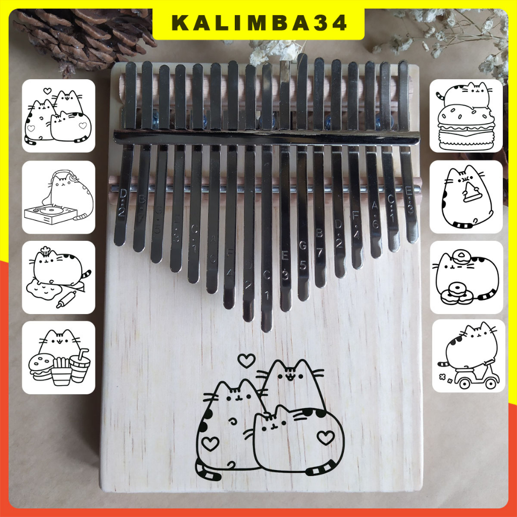 Đàn kalimba 17 phím khắc hình mèo dễ thương KL34, Kalimba cơ bản mèo ú cho người mới tập chơi tặng kèm búa chỉnh âm