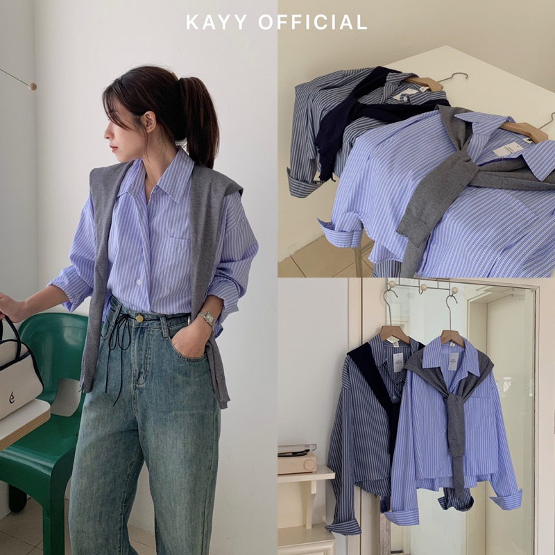 KAYY. Áo sơ mi kẻ kèm khăn dáng lửng_ Sm2328 (Ảnh thật)