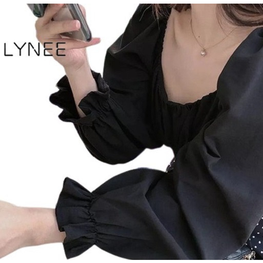Áo kiểu nữ cổ xếp li tay dài phối nơ thời trang LYNEE