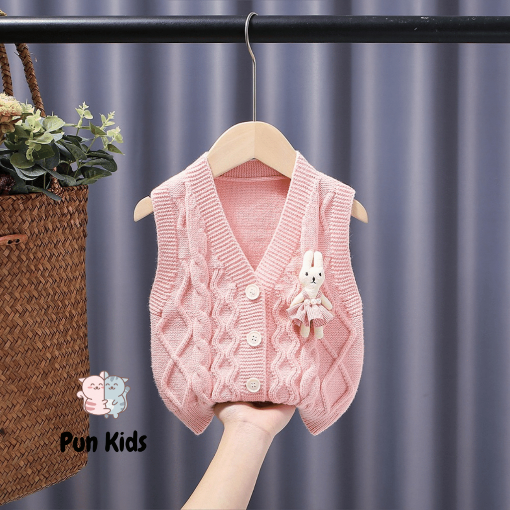 Áo gile  len thu đông đính thỏ trắng xinh màu hồng , màu kem cho bé gái 8 - 18 kg