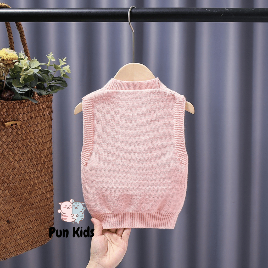 Áo gile  len thu đông đính thỏ trắng xinh màu hồng , màu kem cho bé gái 8 - 18 kg