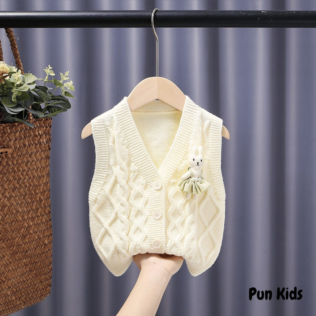 Áo gile  len thu đông đính thỏ trắng xinh màu hồng , màu kem cho bé gái 8 - 18 kg