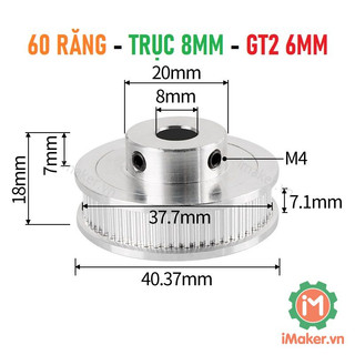 Puly gt2, bánh răng gt2 60 răng bản 6mm trục 5mm, 6.35mm, 8mm